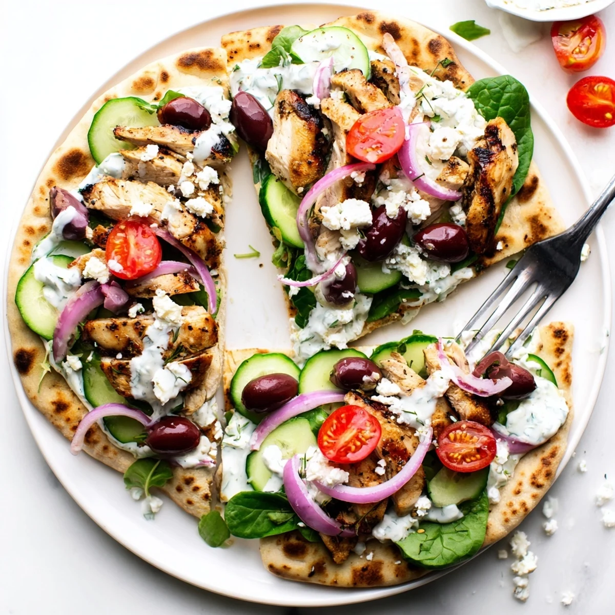 Golden grilled Greek chicken flatbread topped with fresh vegetables and creamy tzatziki sauce
