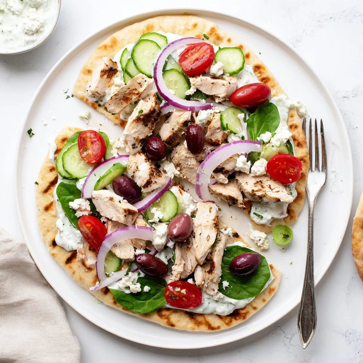 Mediterranean-style flatbread layered with marinated chicken, feta cheese, and crisp colorful veggies