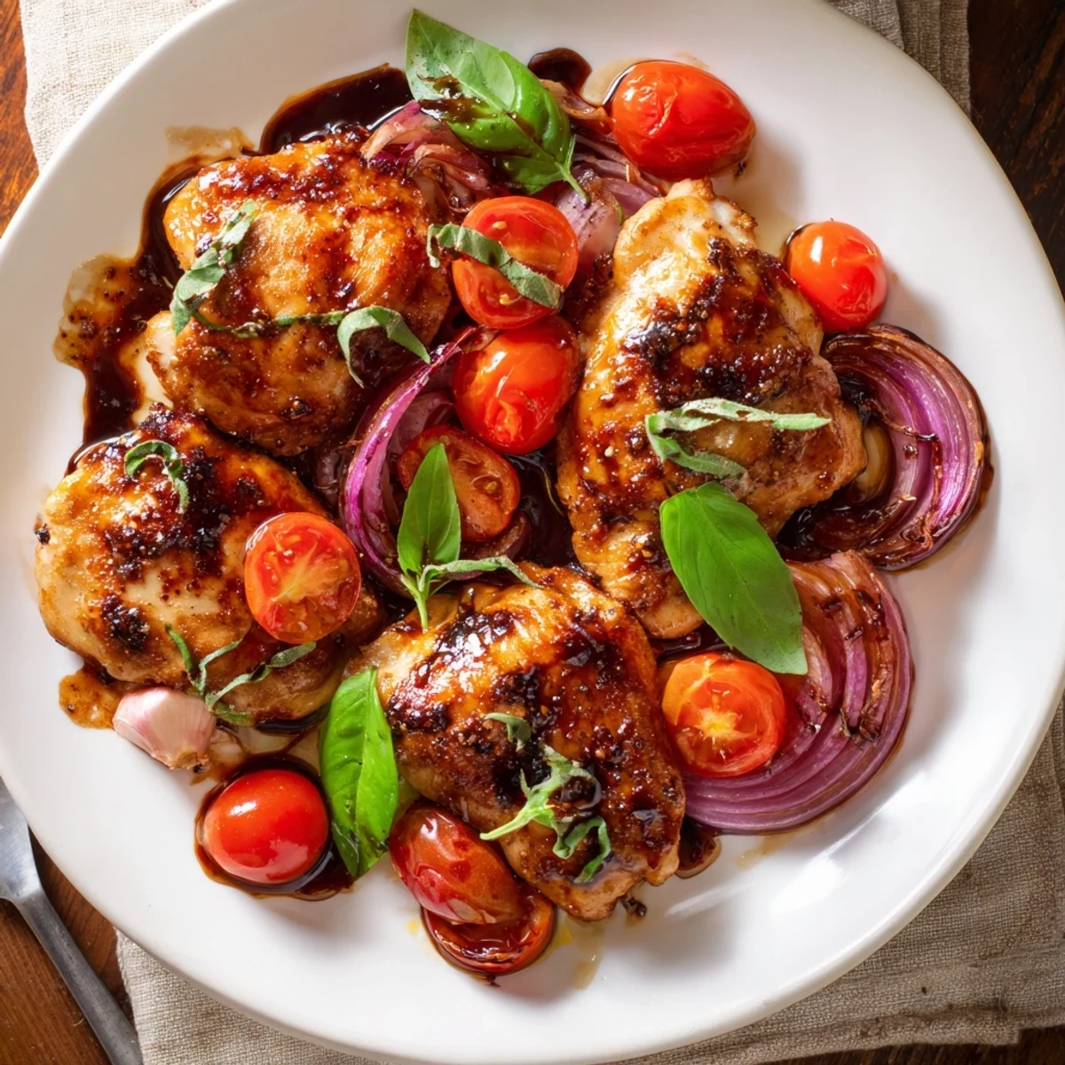 Tender juicy chicken simmering in rich balsamic sauce with garlic onions and basil garnish