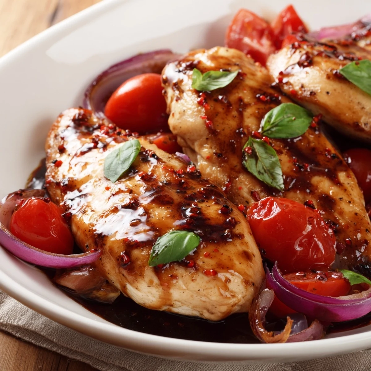 Golden pan-seared chicken breasts nestled in tangy balsamic glaze with cherry tomatoes and fresh herbs