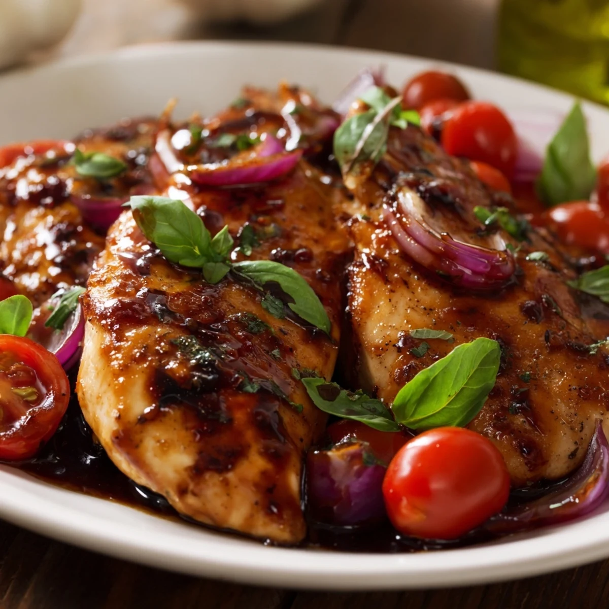Weeknight dinner featuring one pan chicken in savory balsamic reduction with ripe tomatoes and aromatics
