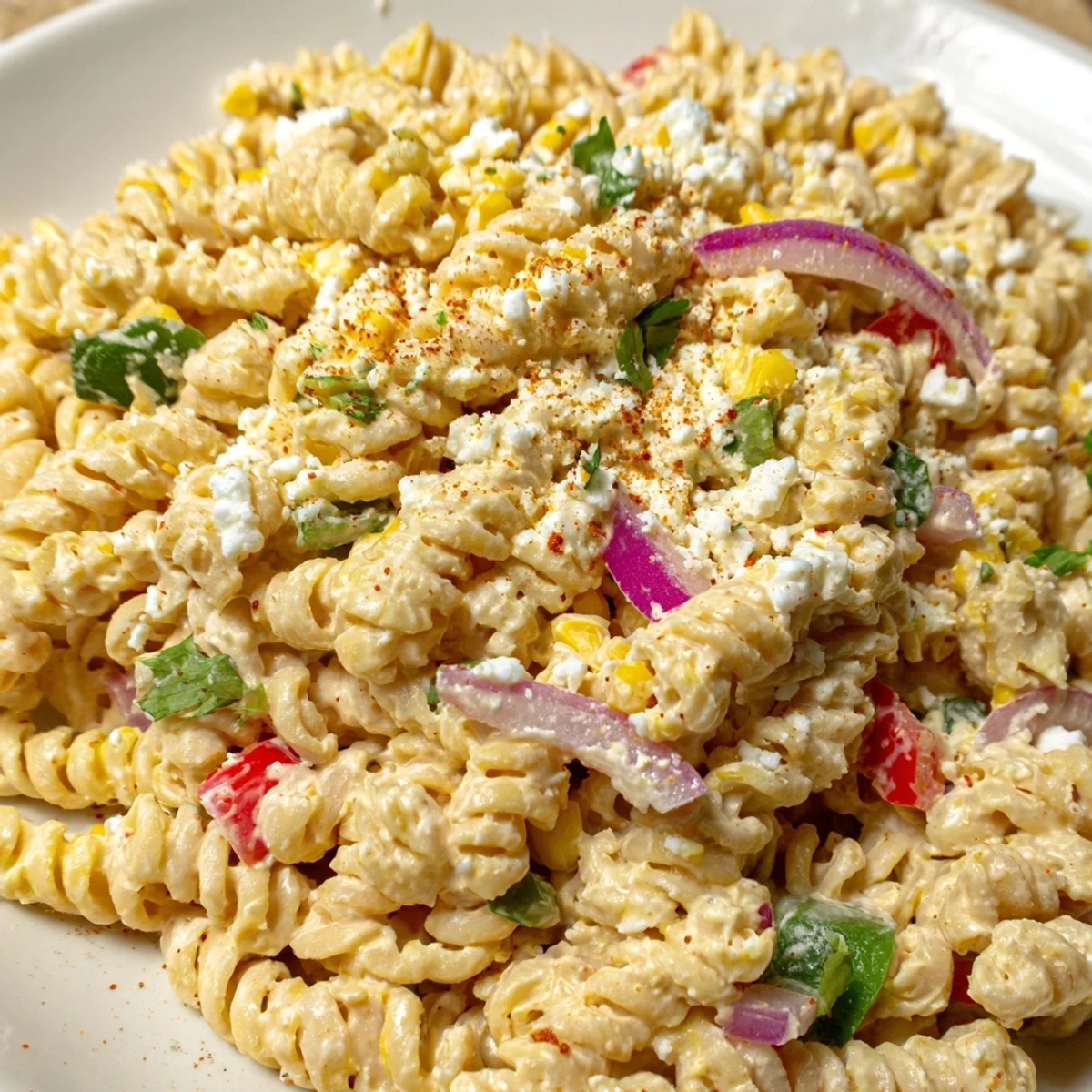Colorful Mexican Street Corn Pasta Salad with grilled corn, cotija cheese, and creamy lime dressing in a serving bowl