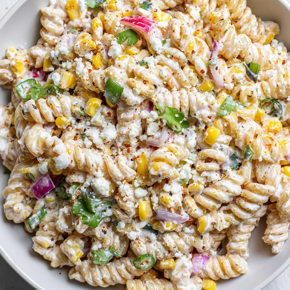 Close-up of Mexican Street Corn Pasta Salad showcasing tender pasta, sweet corn kernels, red bell pepper, and fresh cilantro