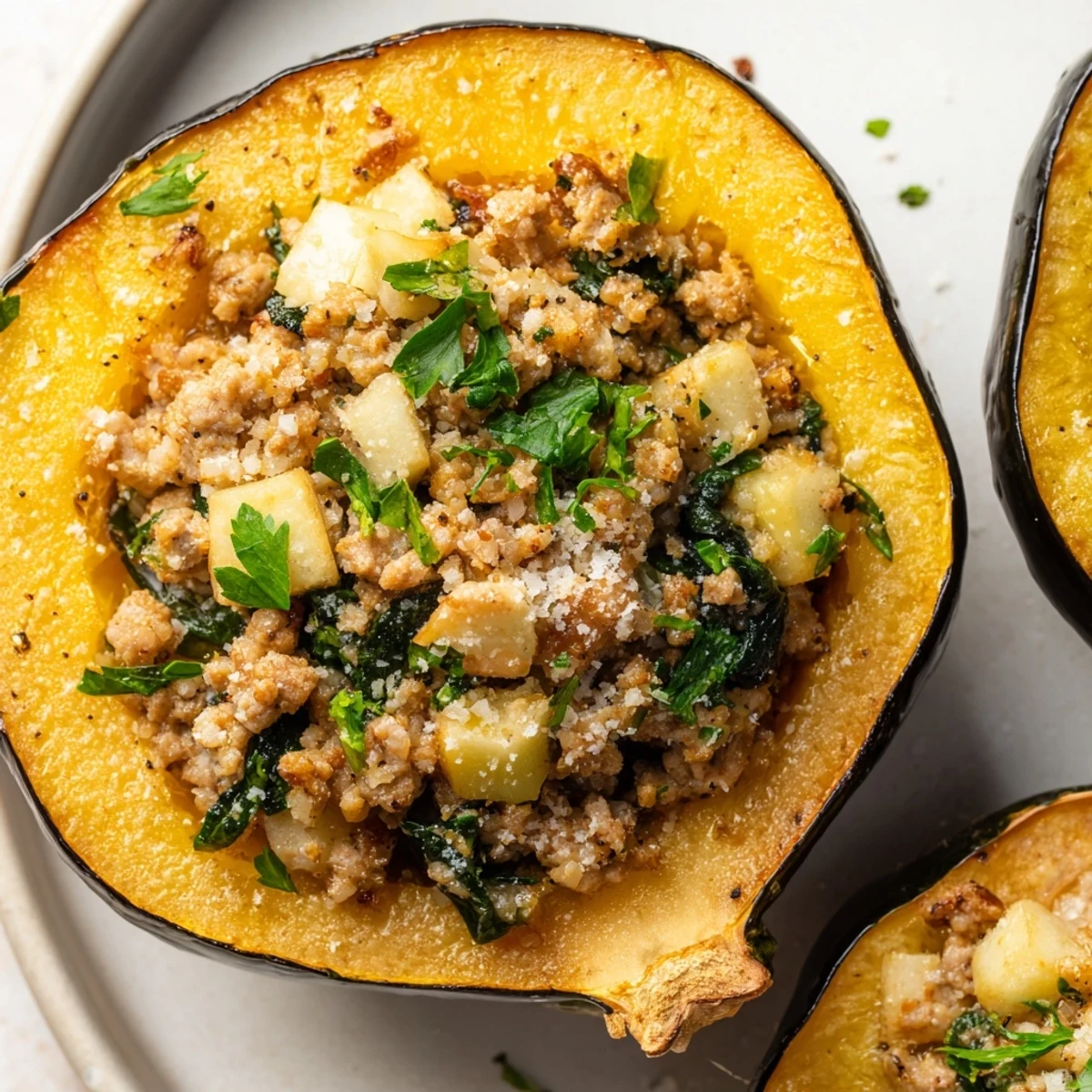 Hearty turkey stuffed acorn squash baked until tender with a colorful vegetable filling