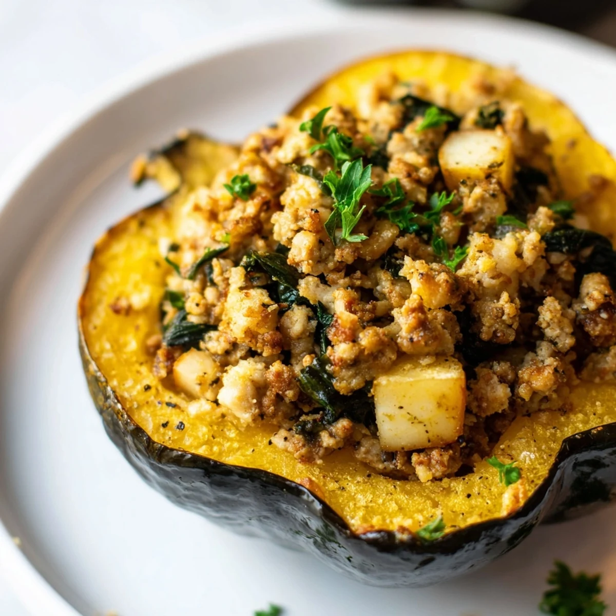 Golden roasted turkey stuffed acorn squash filled with savory vegetables and melted Parmesan cheese
