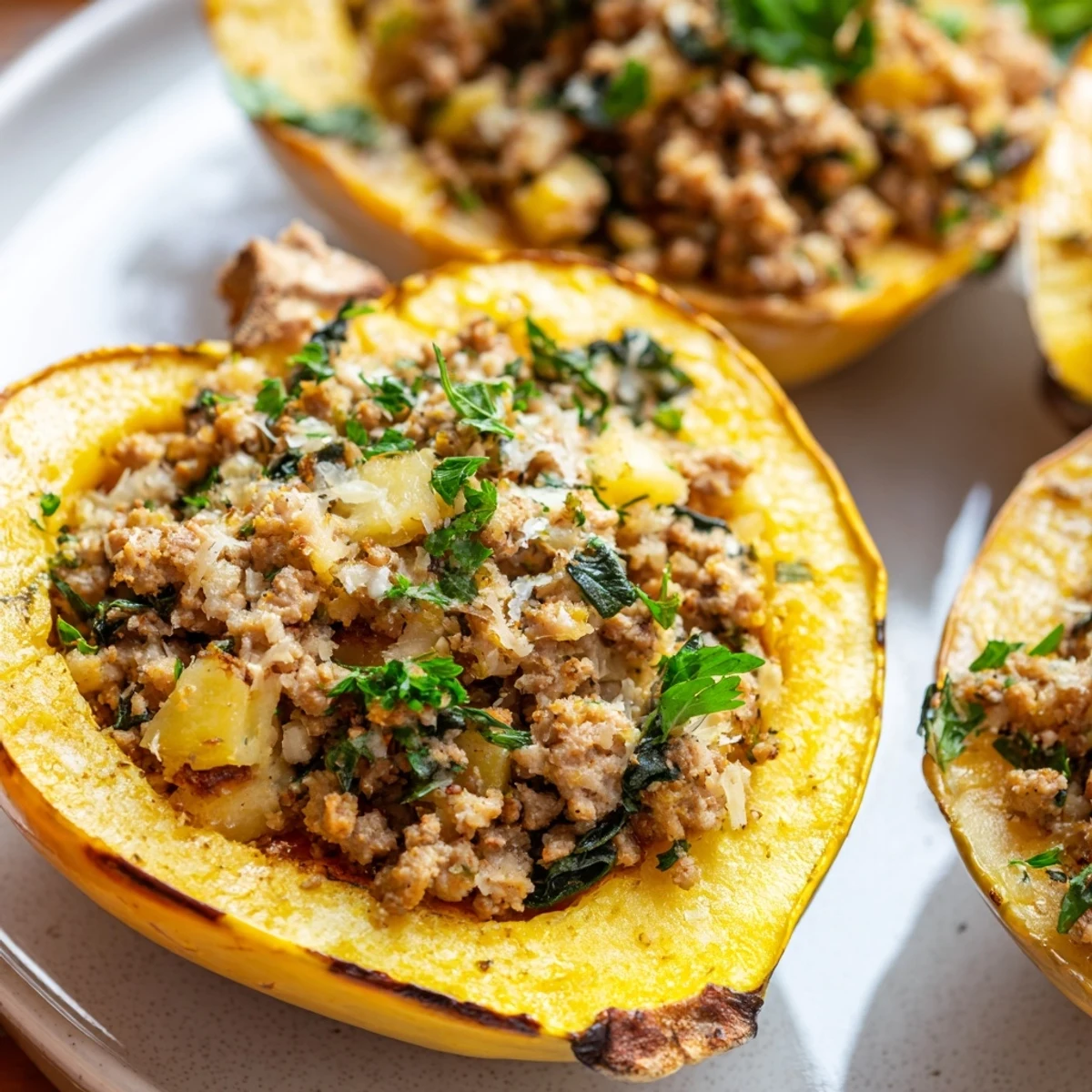 Turkey stuffed acorn squash halves garnished with fresh parsley on a rustic baking sheet