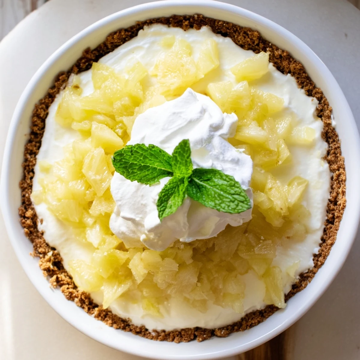 Slice of tropical no bake pineapple cheesecake garnished with whipped cream and fresh mint