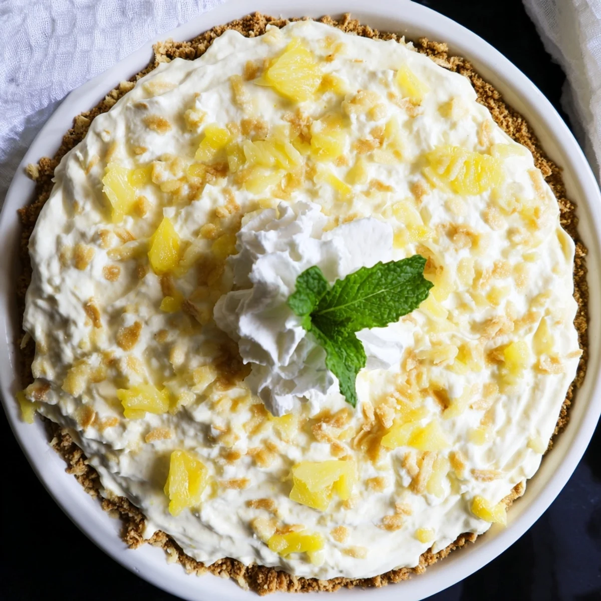 Creamy no bake pineapple cheesecake with graham cracker crust topped with golden pineapple chunks
