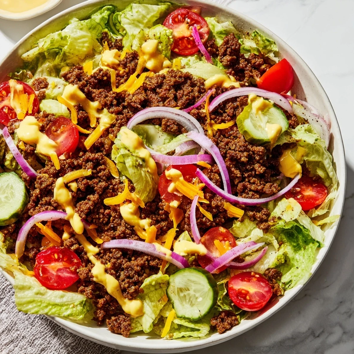 Burger bowl with seasoned ground beef over crisp lettuce topped with fresh vegetables