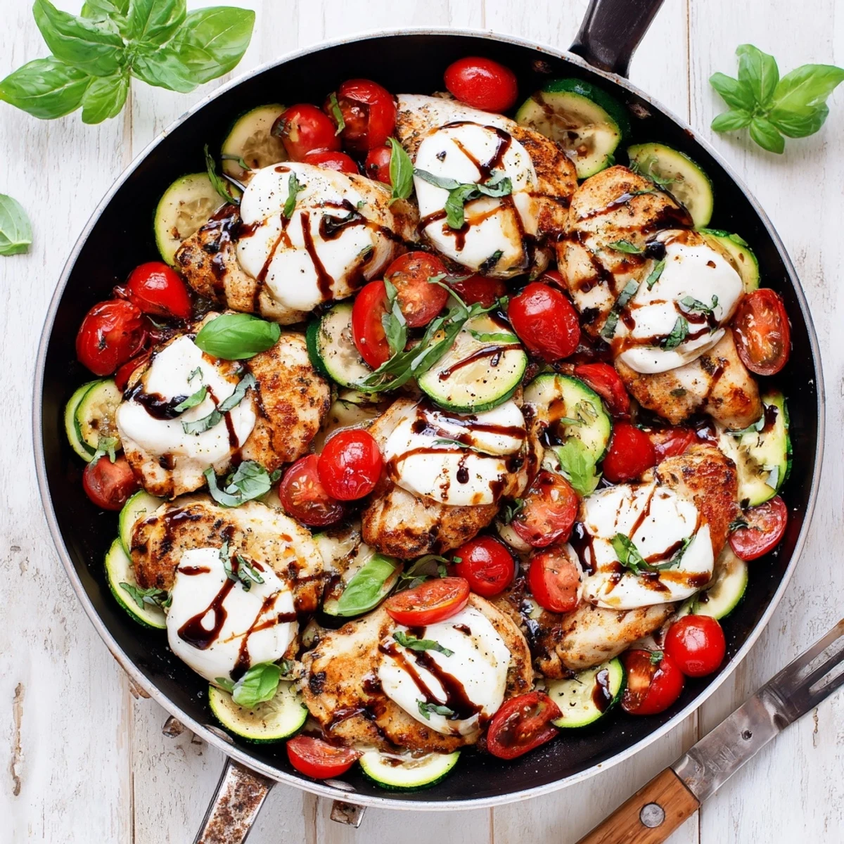 Golden Caprese chicken skillet featuring melted mozzarella over juicy chicken breasts with zucchini and cherry tomatoes