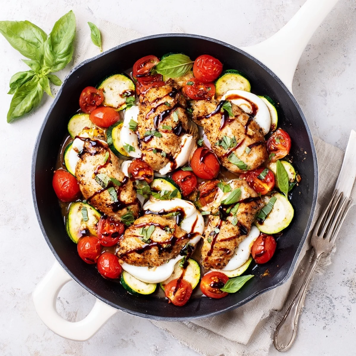 Sizzling skillet of Caprese chicken with tender zucchini rounds, burst tomatoes, and creamy melted mozzarella cheese
