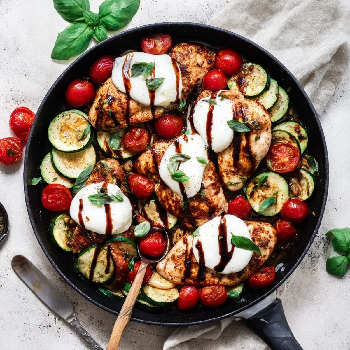 One-pan Caprese chicken zucchini skillet drizzled with balsamic glaze and topped with fresh basil leaves