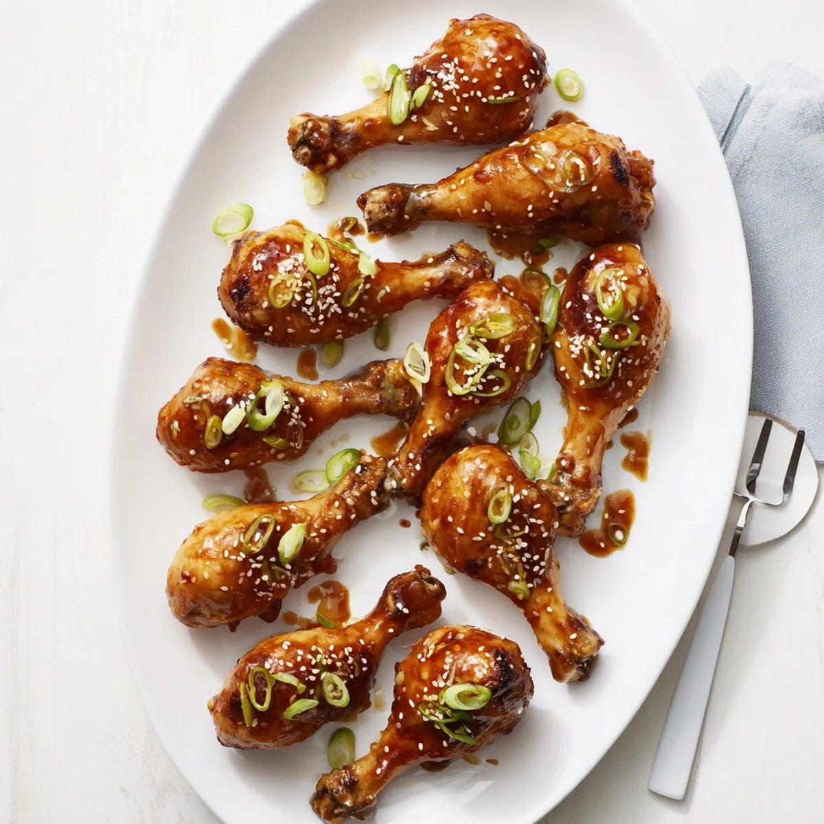 Golden glazed chicken drumsticks coated in sticky Asian sauce with sesame seeds and fresh scallions