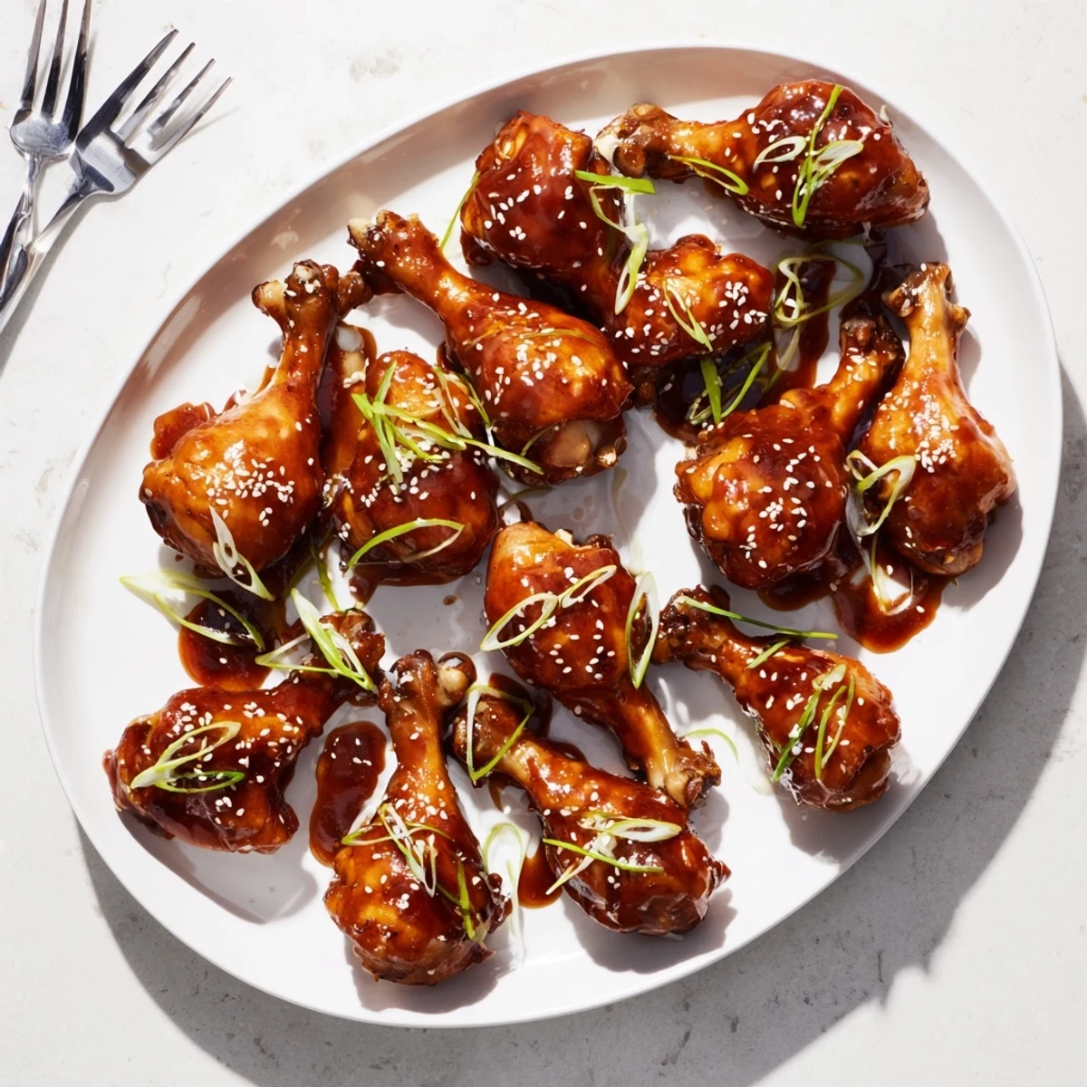 Tender slow cooker Asian glazed chicken drumsticks brushed with thickened soy honey glaze on serving platter