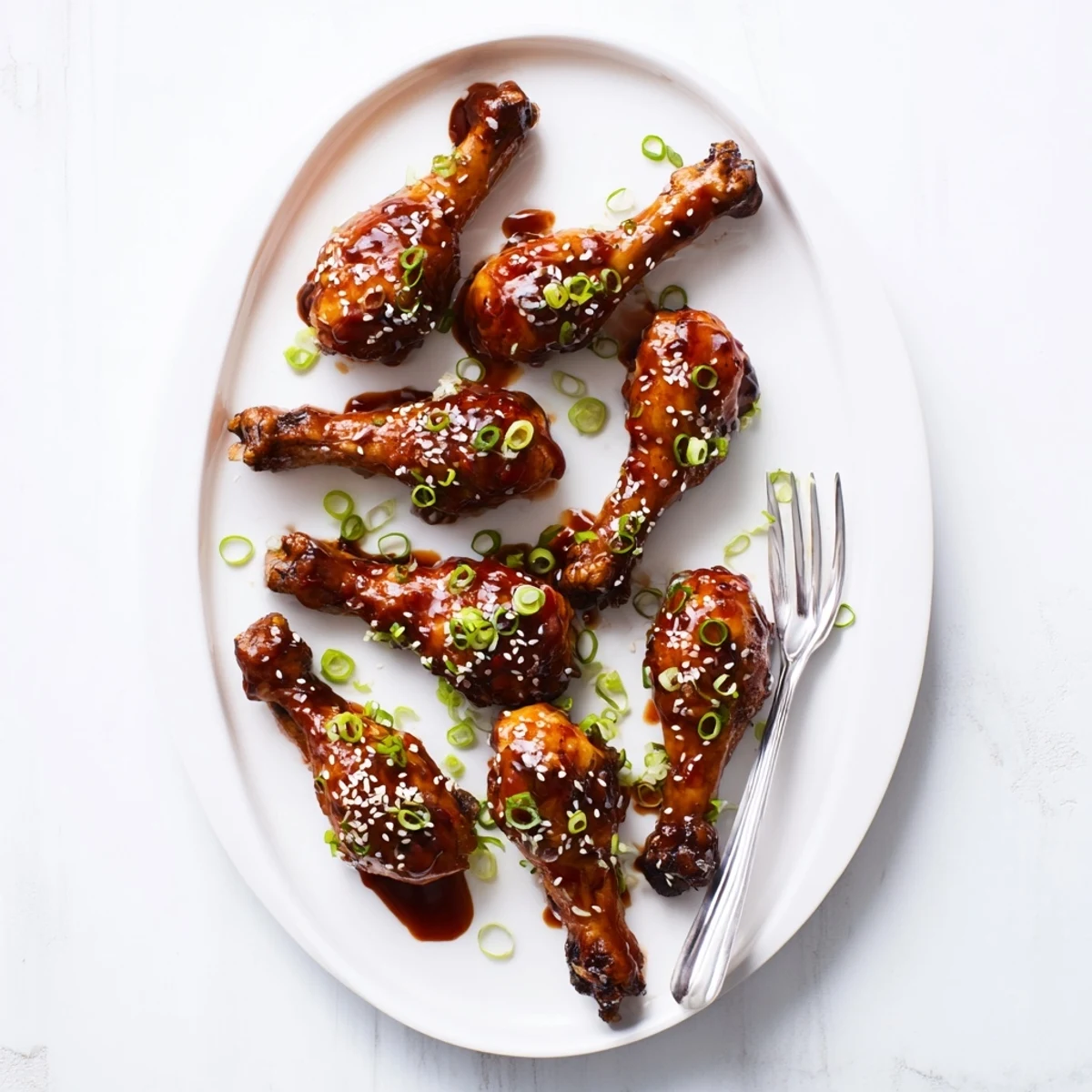 Fall-off-the-bone chicken drumsticks slow cooked in savory sweet Asian glaze garnished with green onions