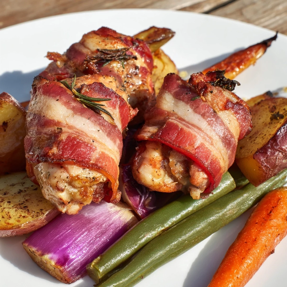 Golden bacon-wrapped chicken thighs roasted with colorful vegetables on a large baking tray