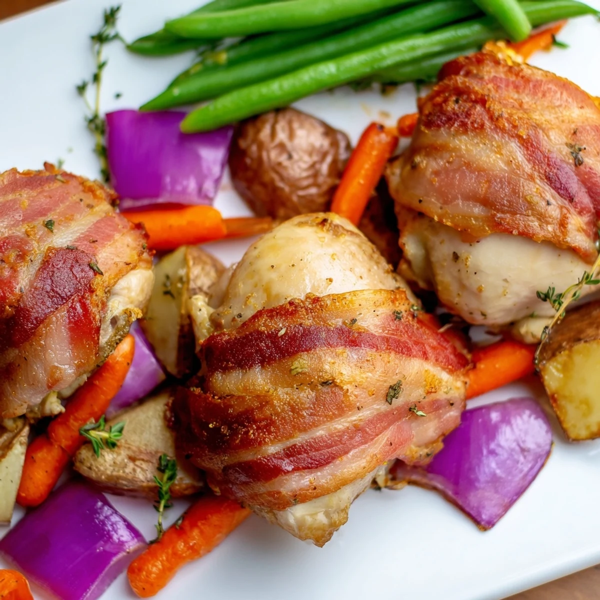 Crispy bacon encloses juicy seasoned chicken thighs atop carrots potatoes and green beans