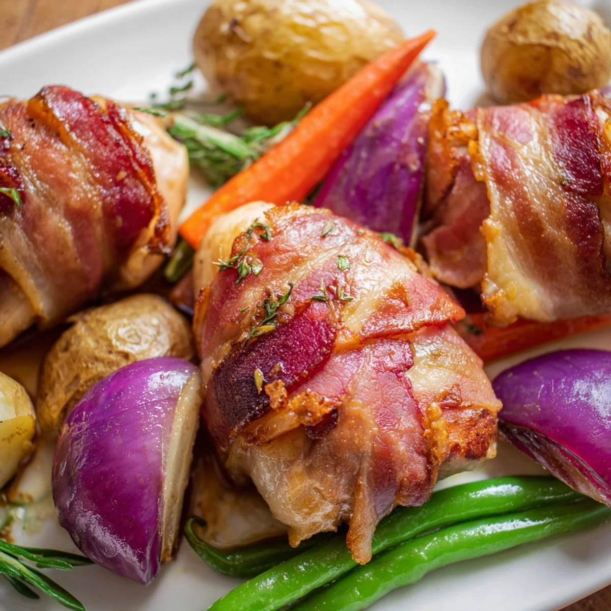 Oven-baked bacon wrapped chicken thigh tray bake with tender roasted vegetables for dinner