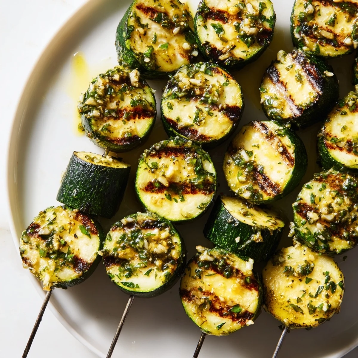 Golden grilled easy garlic butter zucchini skewers with charred edges and glistening butter coating