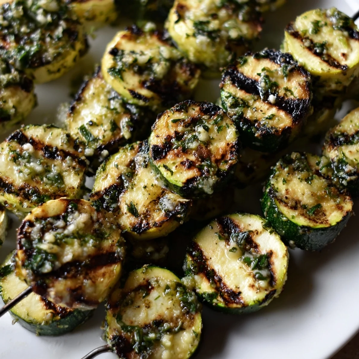 Tender zucchini rounds threaded on skewers, brushed with savory garlic butter and fresh parsley