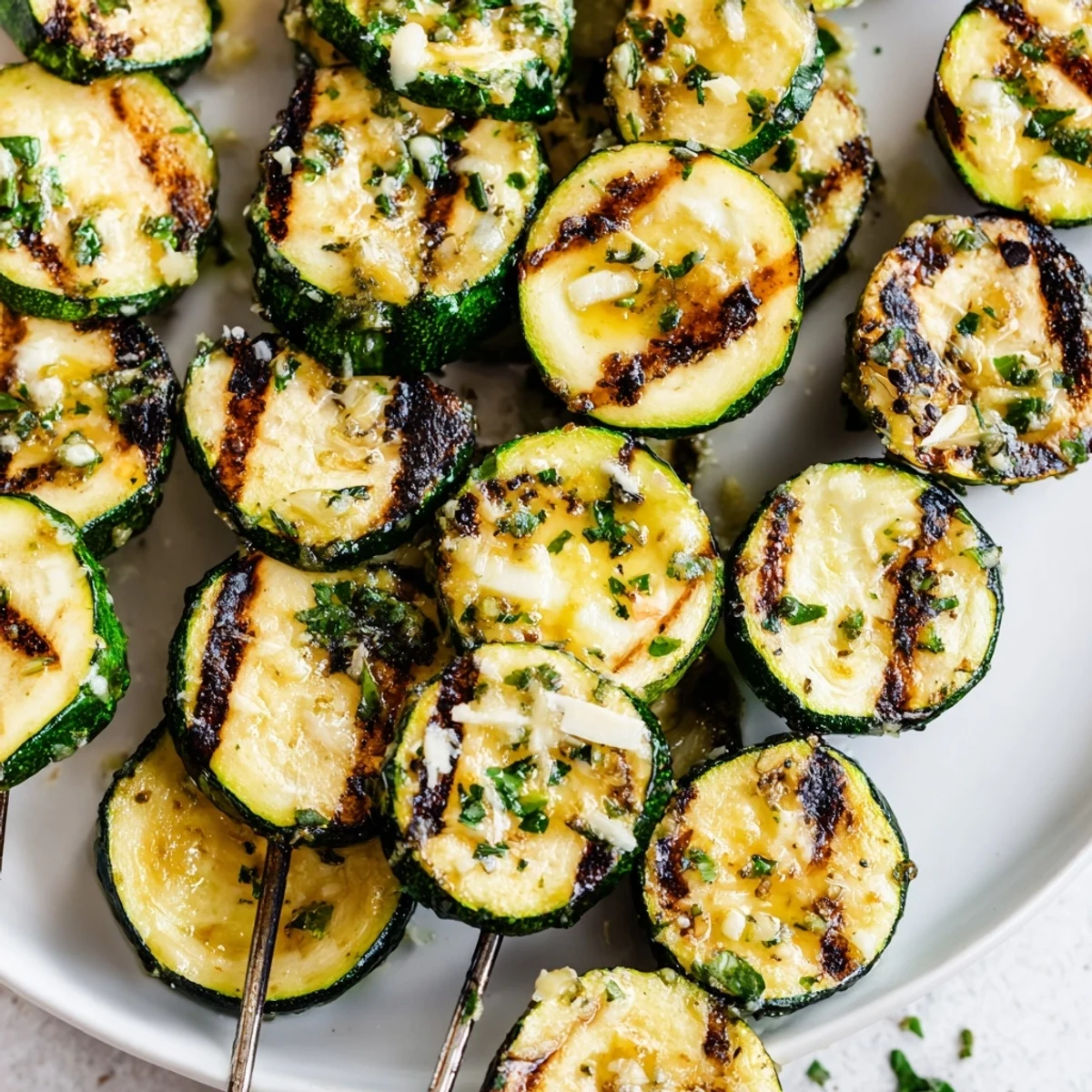 Vegetarian easy garlic butter zucchini skewers with grill marks and melted herb butter dripping