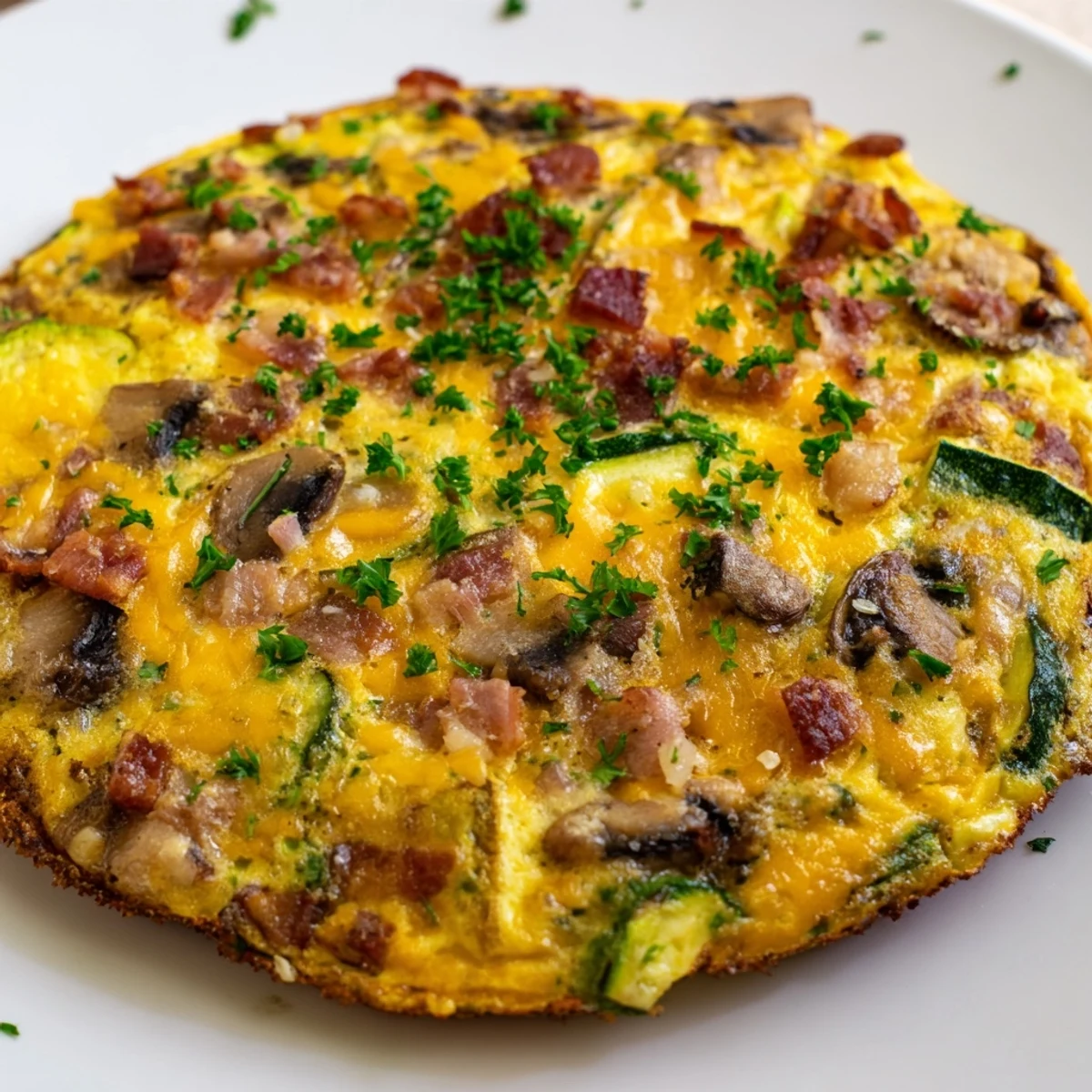Golden mushroom zucchini and bacon family frittata served warm on a white ceramic plate