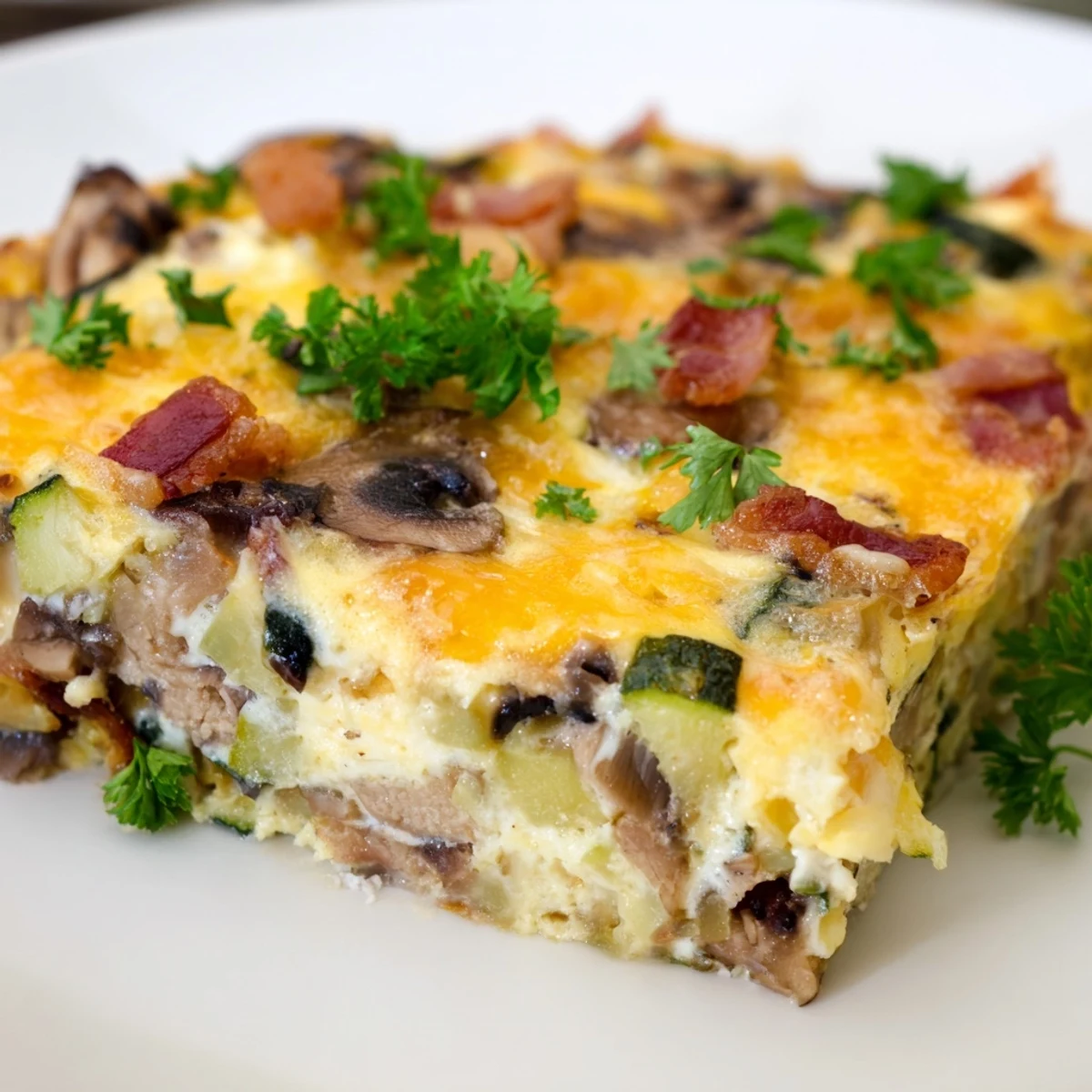 Savory baked frittata loaded with smoky bacon chunks fresh zucchini and sliced cremini mushrooms