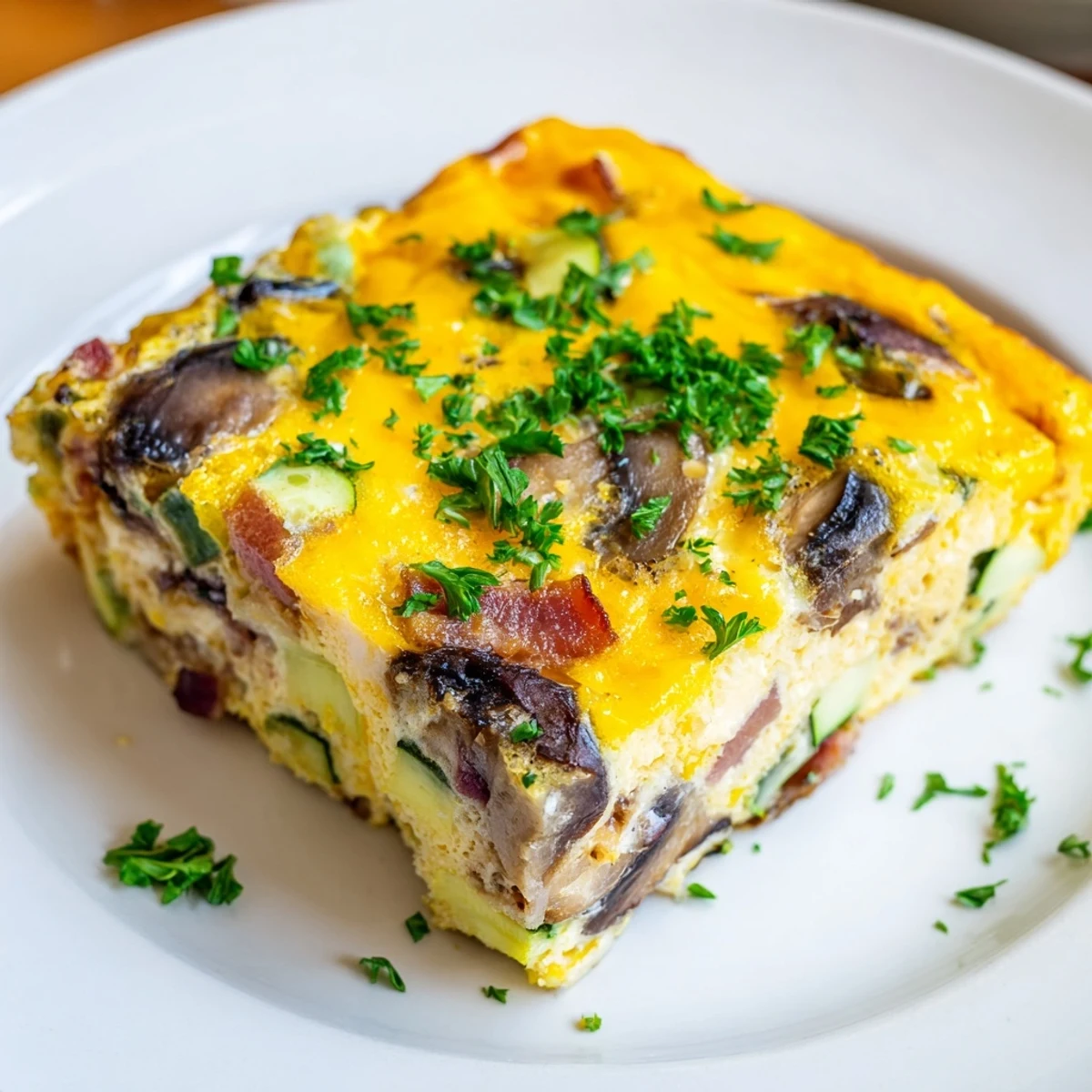 Fluffy egg frittata with melted cheese topping featuring crispy bacon and tender garden vegetables