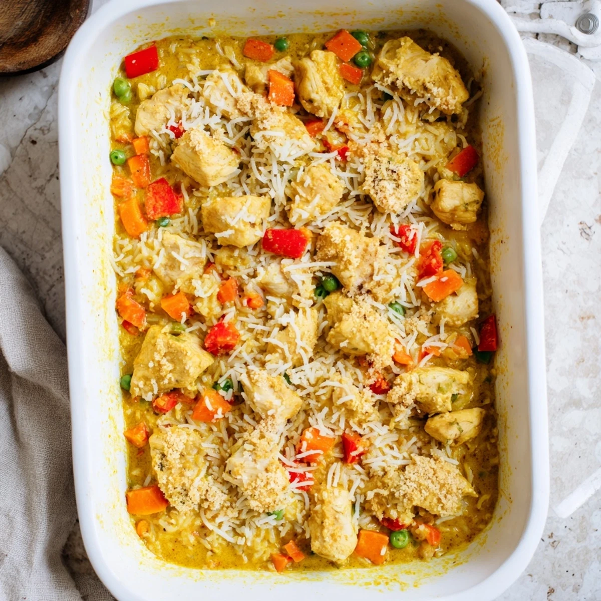 Creamy coconut curry sauce coats tender chicken pieces over fluffy jasmine rice in this Macau Portuguese chicken rice casserole