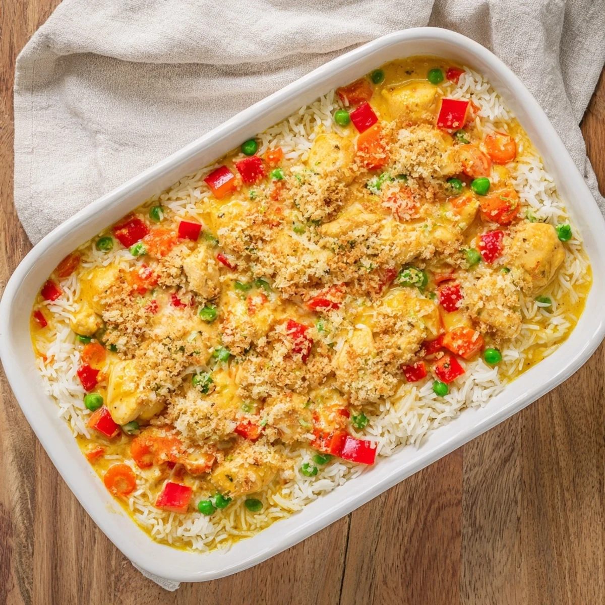Golden baked Macau style Portuguese chicken rice with bubbling melted cheese and colorful vegetables