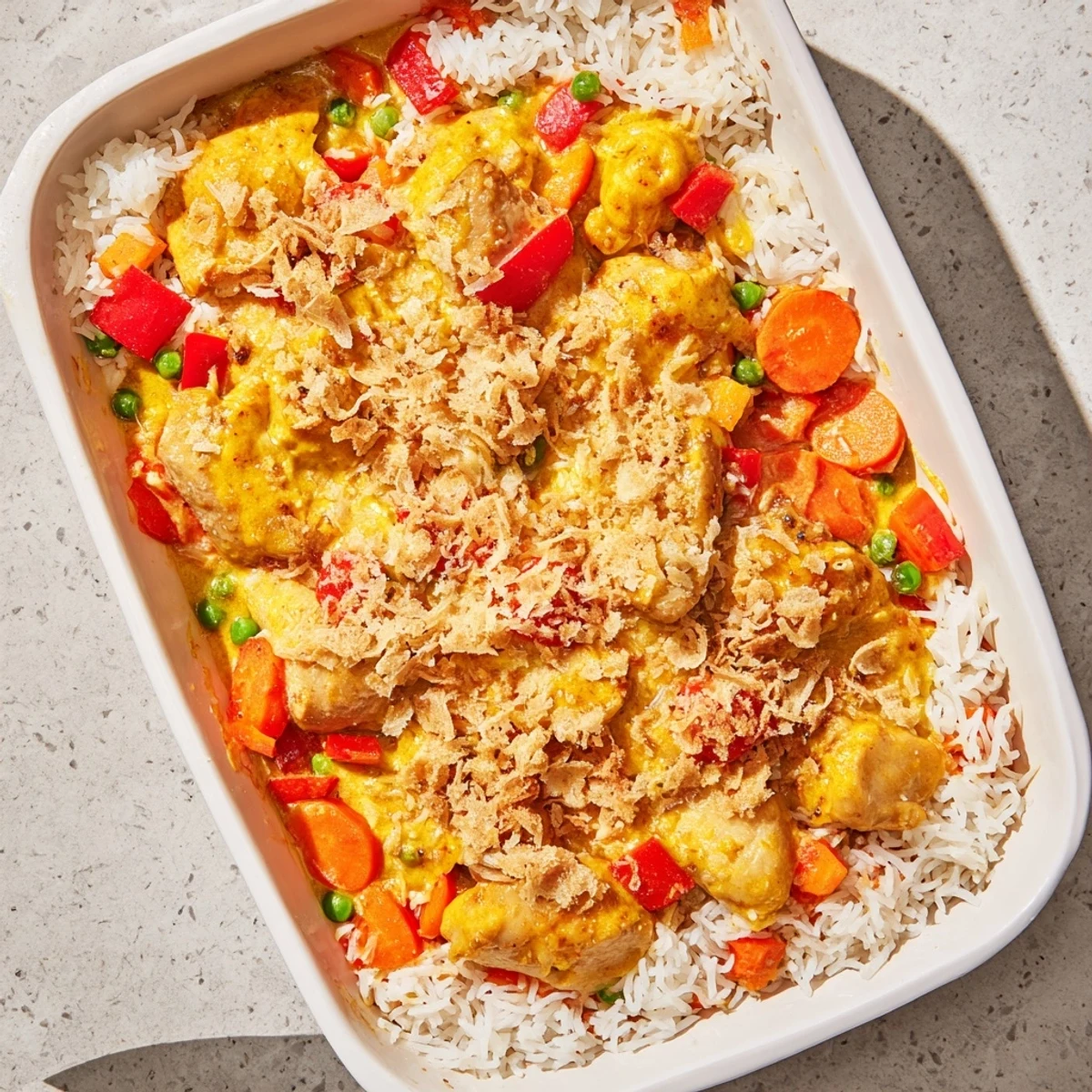 Bubbling mozzarella and parmesan top this vibrant Macau style Portuguese chicken rice baked to golden perfection