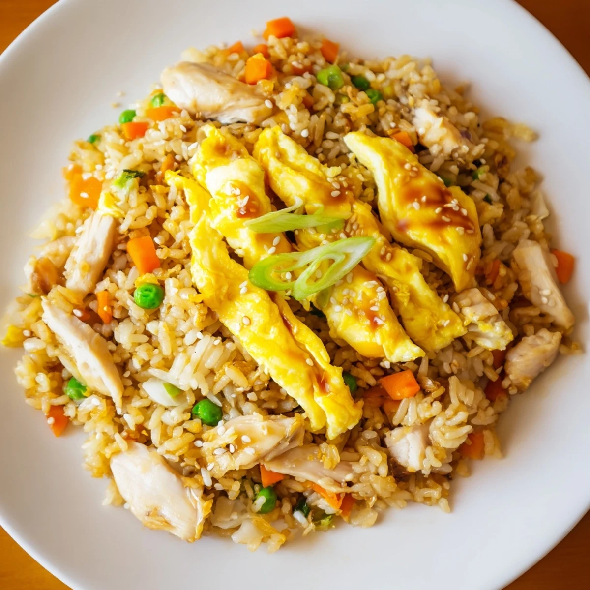 Savory stir-fried jasmine rice with tender chicken pieces and peas, carrots, garnished with golden egg strips