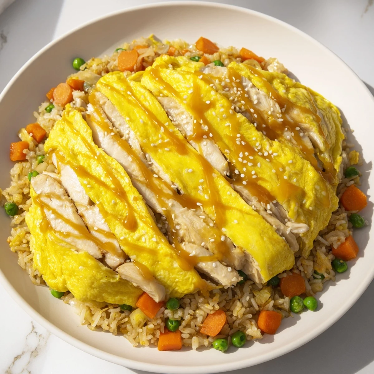 Golden chicken fried rice with colorful vegetables topped with sliced egg omelette ribbons in a white bowl