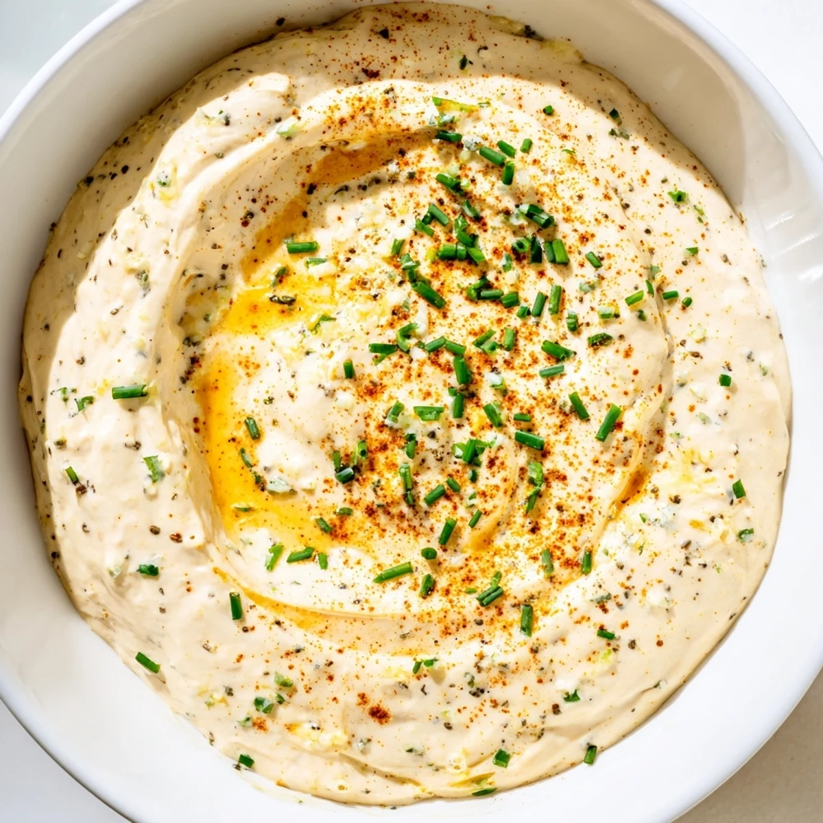 Savory pretzel dip featuring cream cheese and Dijon mustard garnished with chopped chives