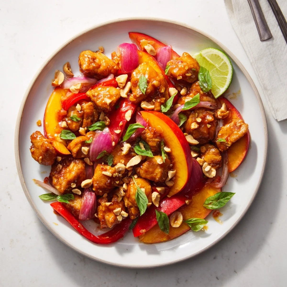Savory Thai peach chicken simmered with sweet peaches, red peppers, and fragrant ginger garlic sauce