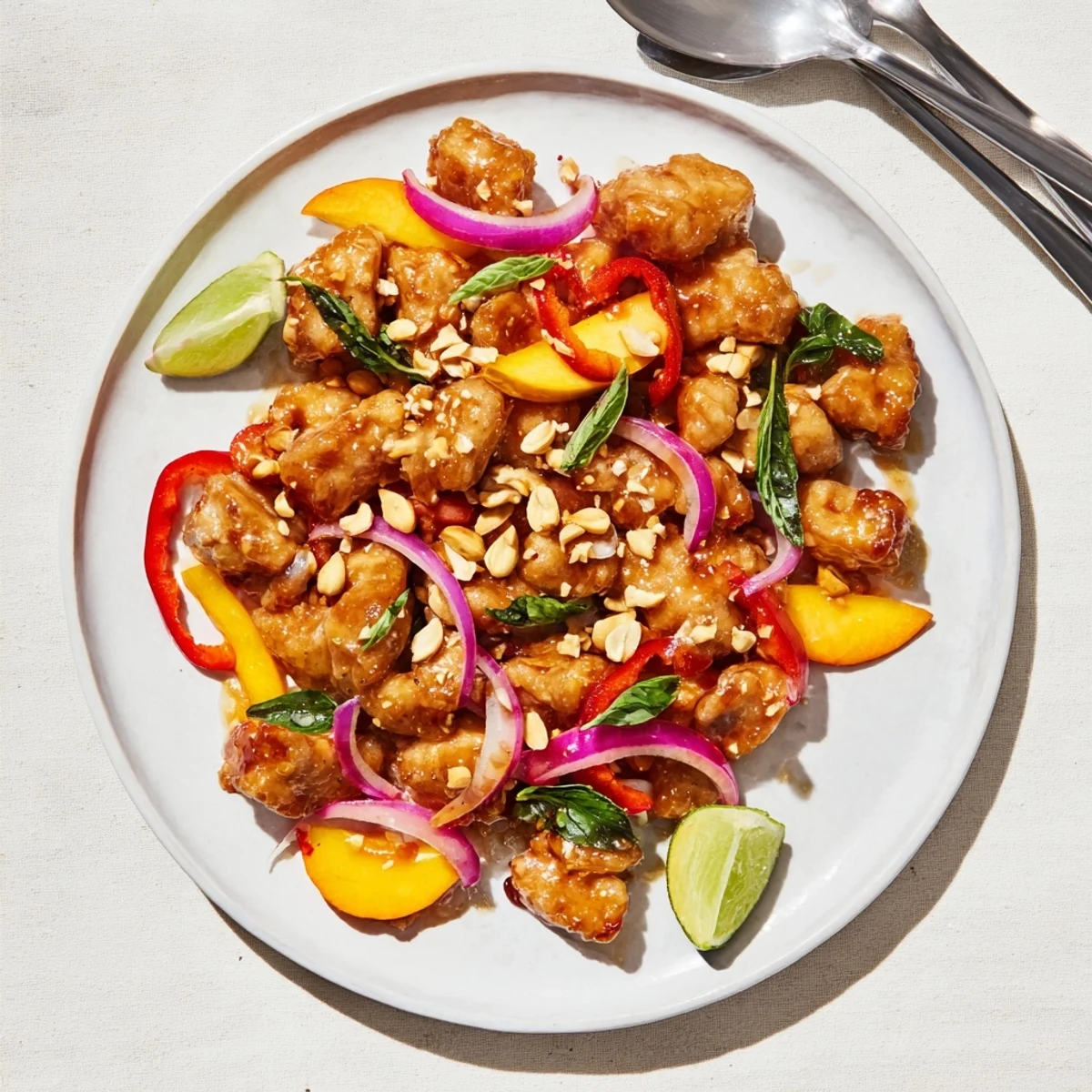 Golden chicken pieces coated in Thai peach chicken sauce with colorful bell peppers and fresh basil