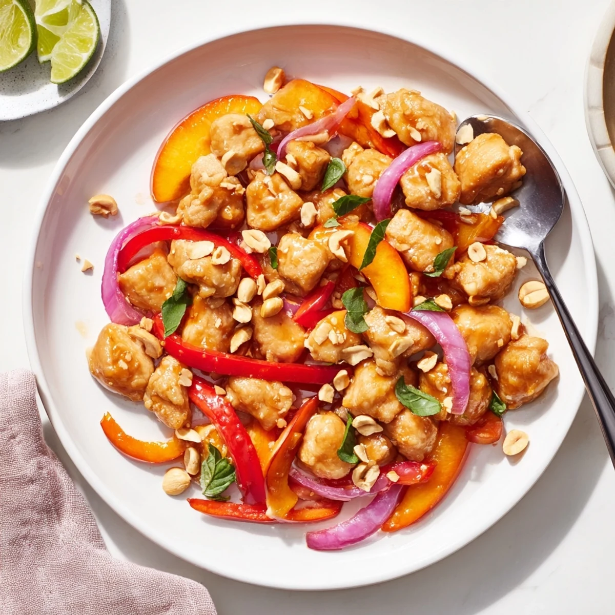 Vibrant Thai peach chicken skillet featuring juicy chicken, ripe peaches, and garnished with lime wedges and peanuts