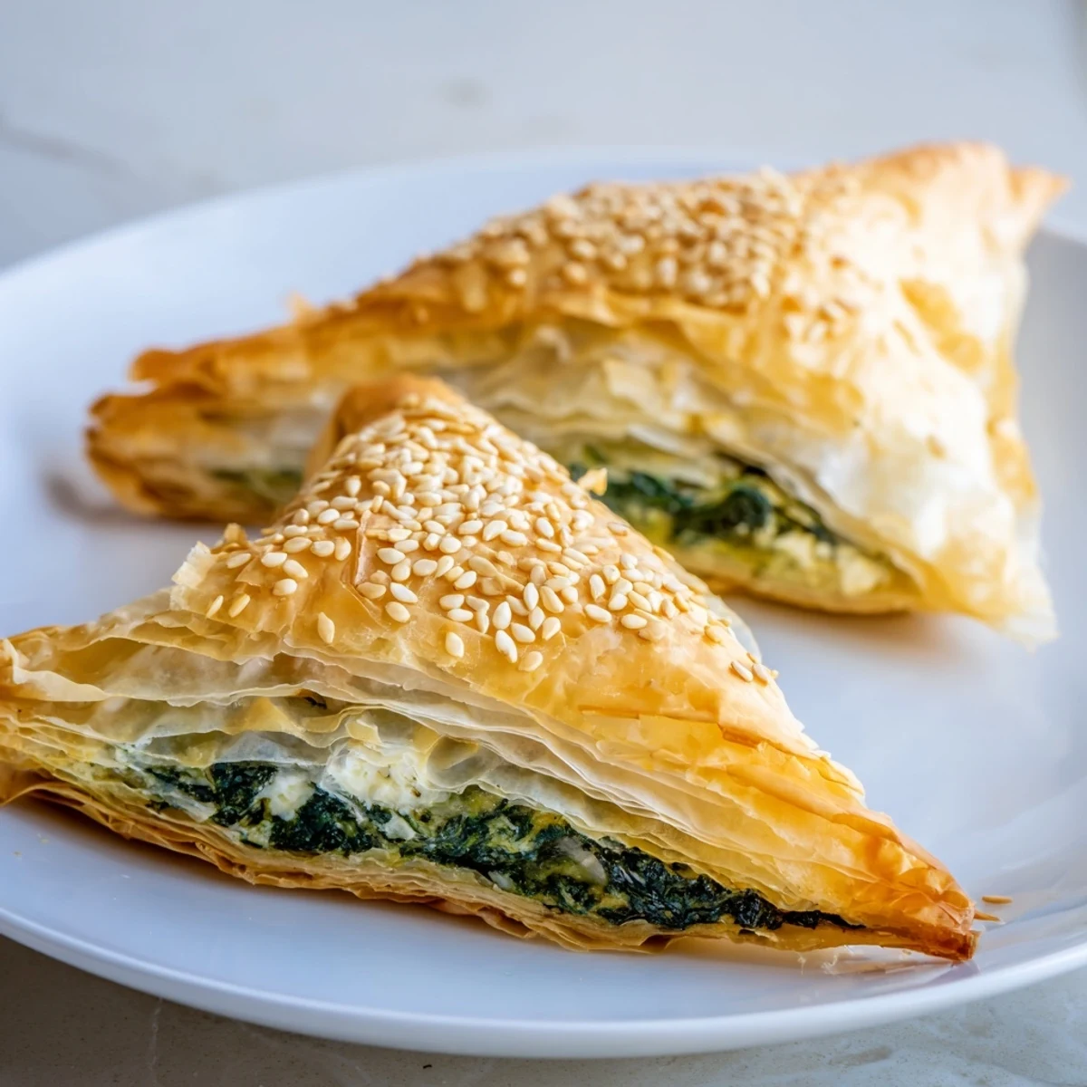 Golden baked Mediterranean spinach and feta crisps arranged on a white serving platter