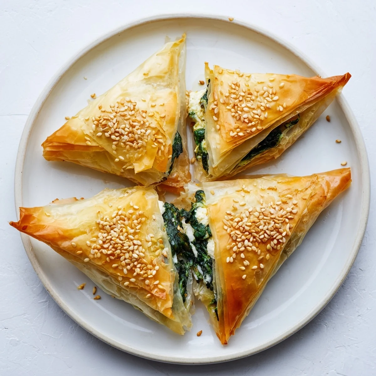 Crispy appetizer parcels sprinkled with sesame seeds served warm for party gatherings