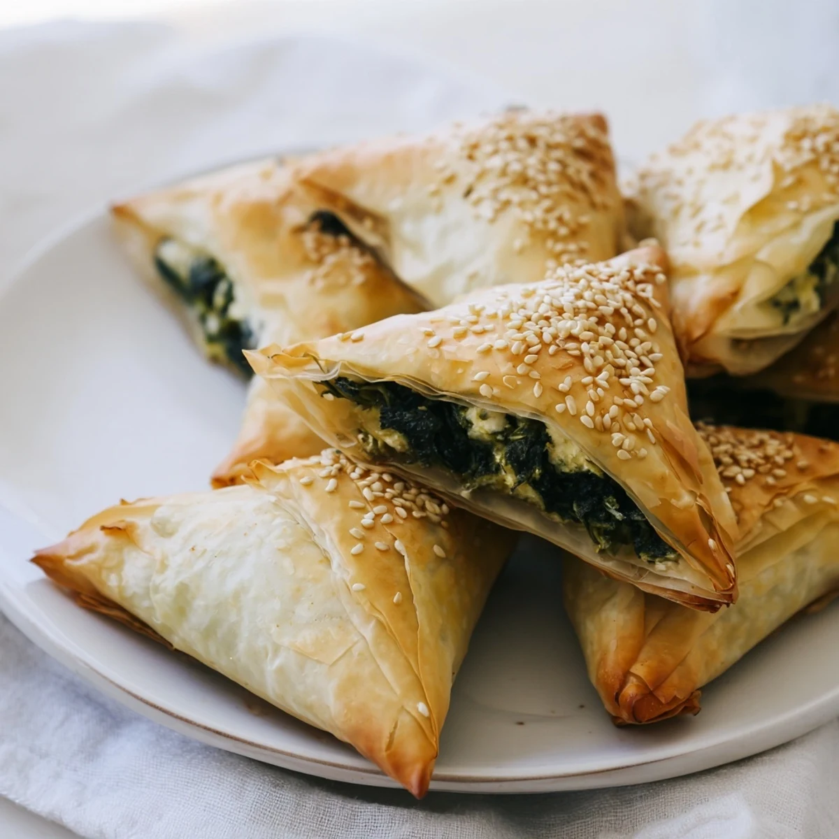 Flaky phyllo triangles stuffed with savory spinach feta filling brushed with melted butter