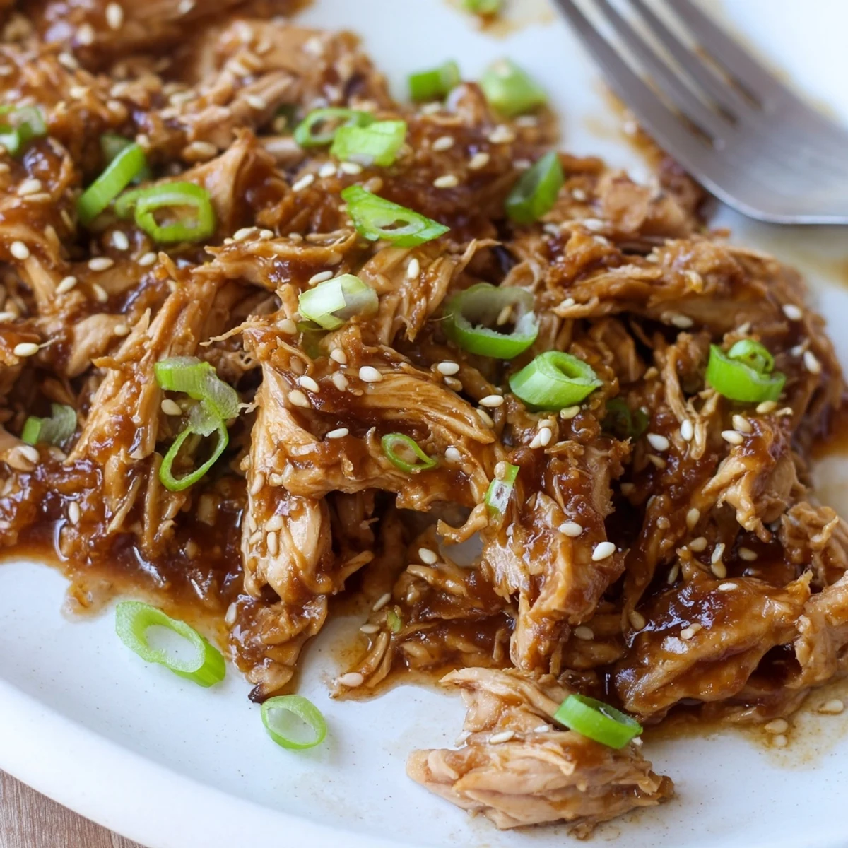 Tender slow cooker Mongolian chicken coated in glossy brown garlic sauce over white rice