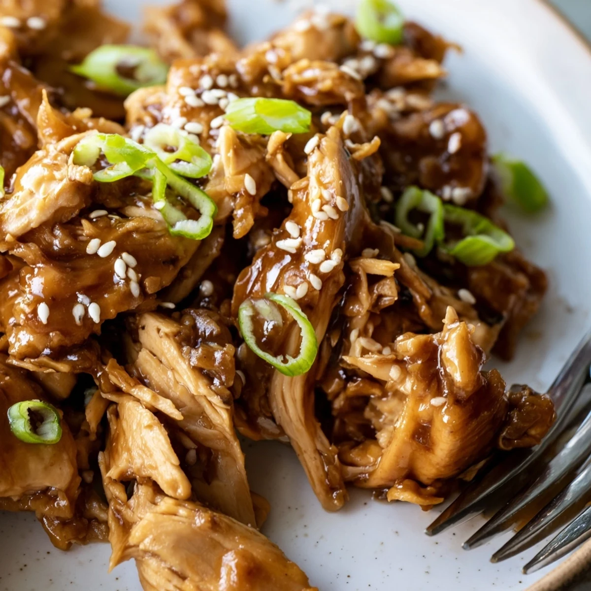 Golden brown shredded chicken thighs in sweet savory sauce garnished with green onions and sesame seeds