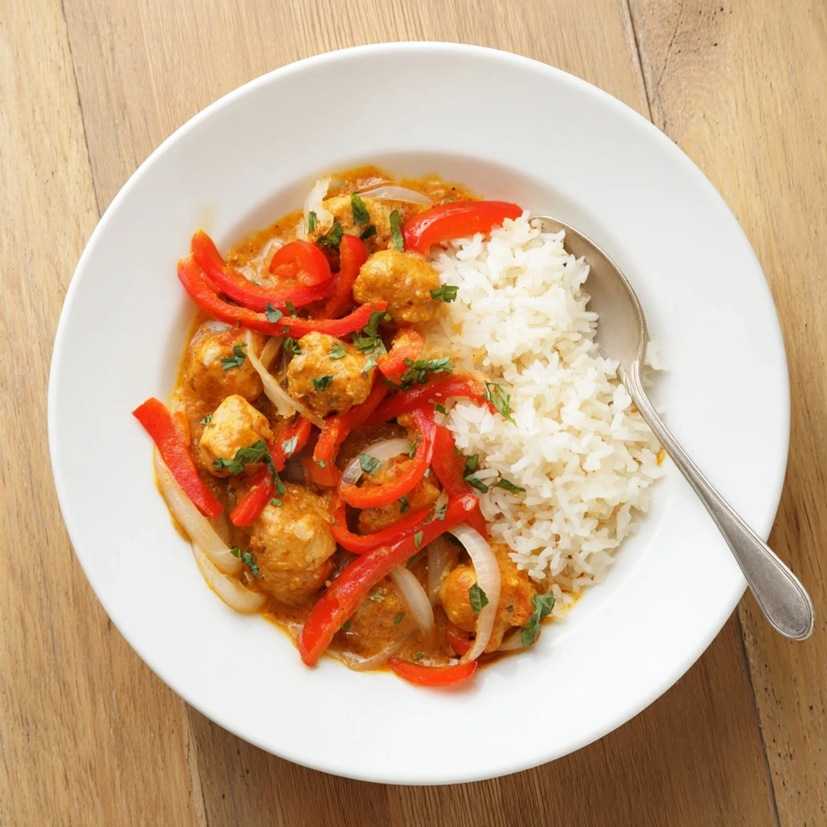 Creamy basil chicken with coconut curry sauce served over steamed jasmine rice with fresh basil garnish