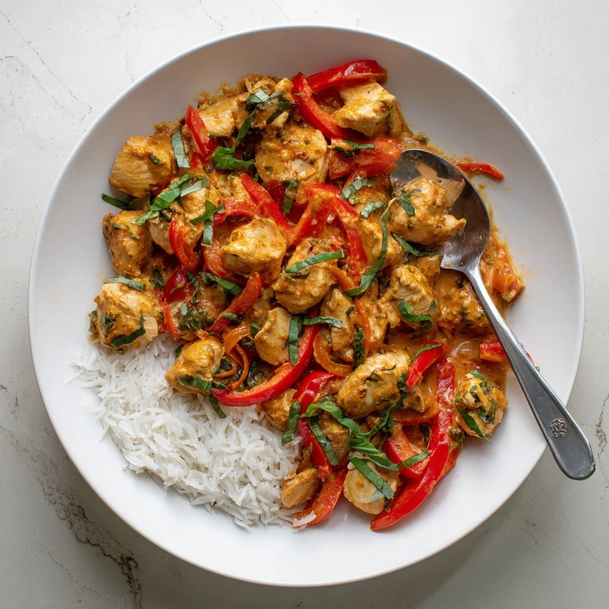Tender chicken pieces swimming in fragrant golden coconut curry sauce with red bell pepper slices