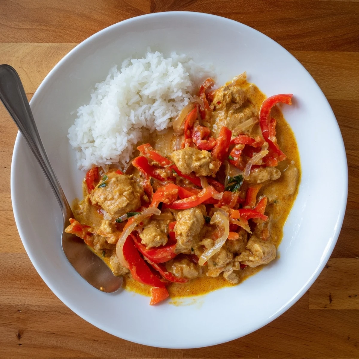 Savory Thai-inspired basil chicken curry in a rich coconut milk sauce with vibrant green basil