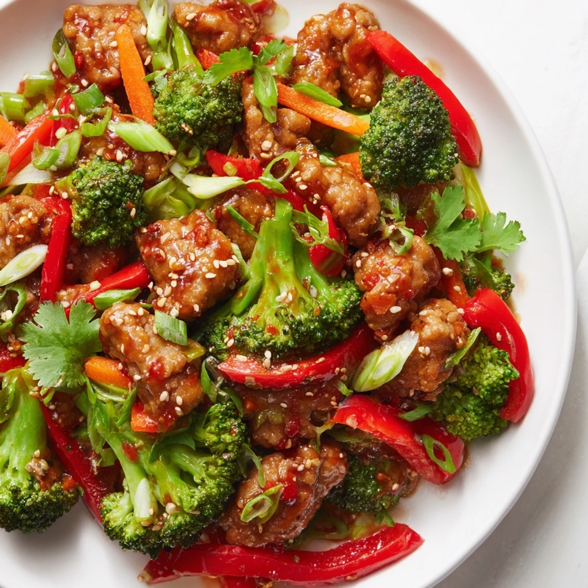 Golden brown ground turkey stir fry with broccoli florets tossed in glossy savory sauce