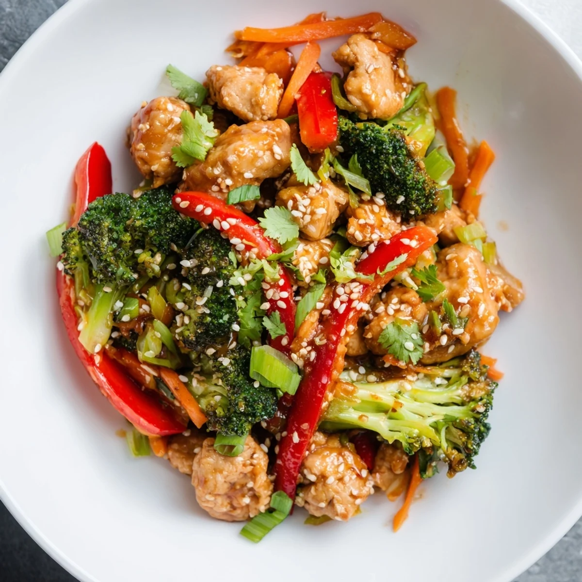 Crisp broccoli and colorful vegetables mixed with seasoned ground turkey in Asian-inspired stir fry