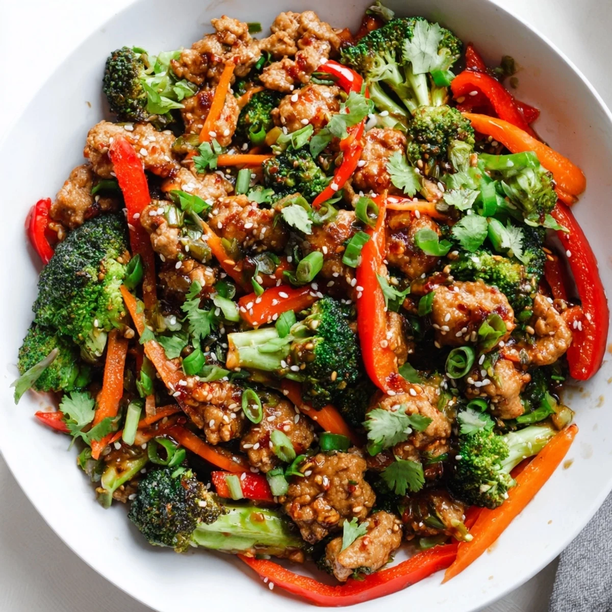 Sizzling skillet of ground turkey stir fry with broccoli coated in thick soy glaze
