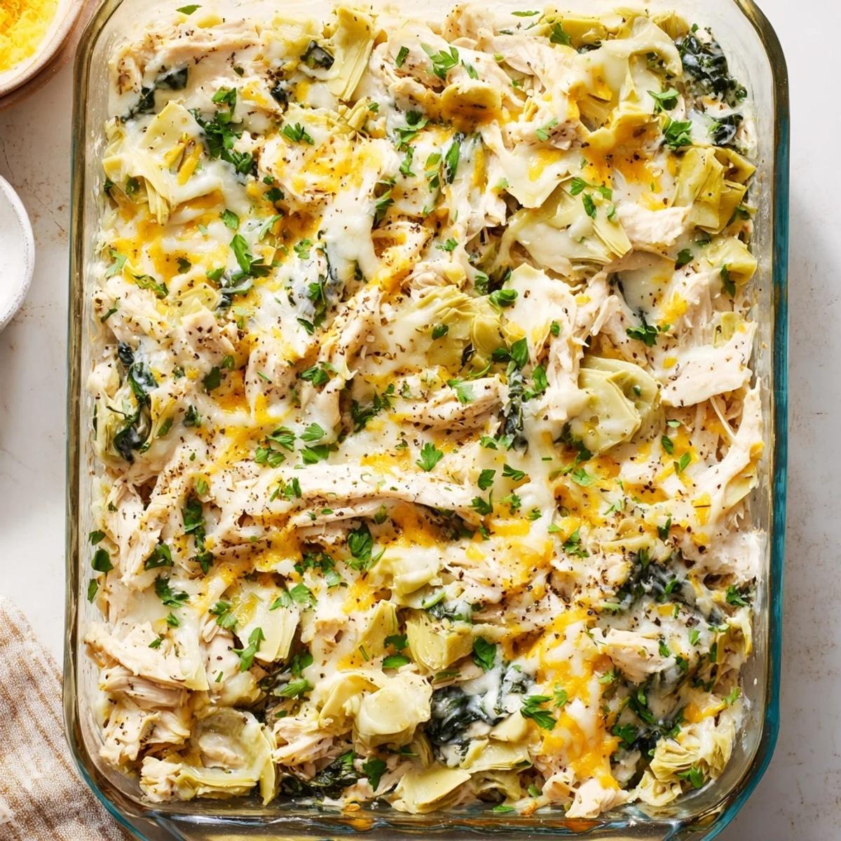 Golden bubbly spinach and artichoke chicken casserole fresh from the oven with melted cheese topping
