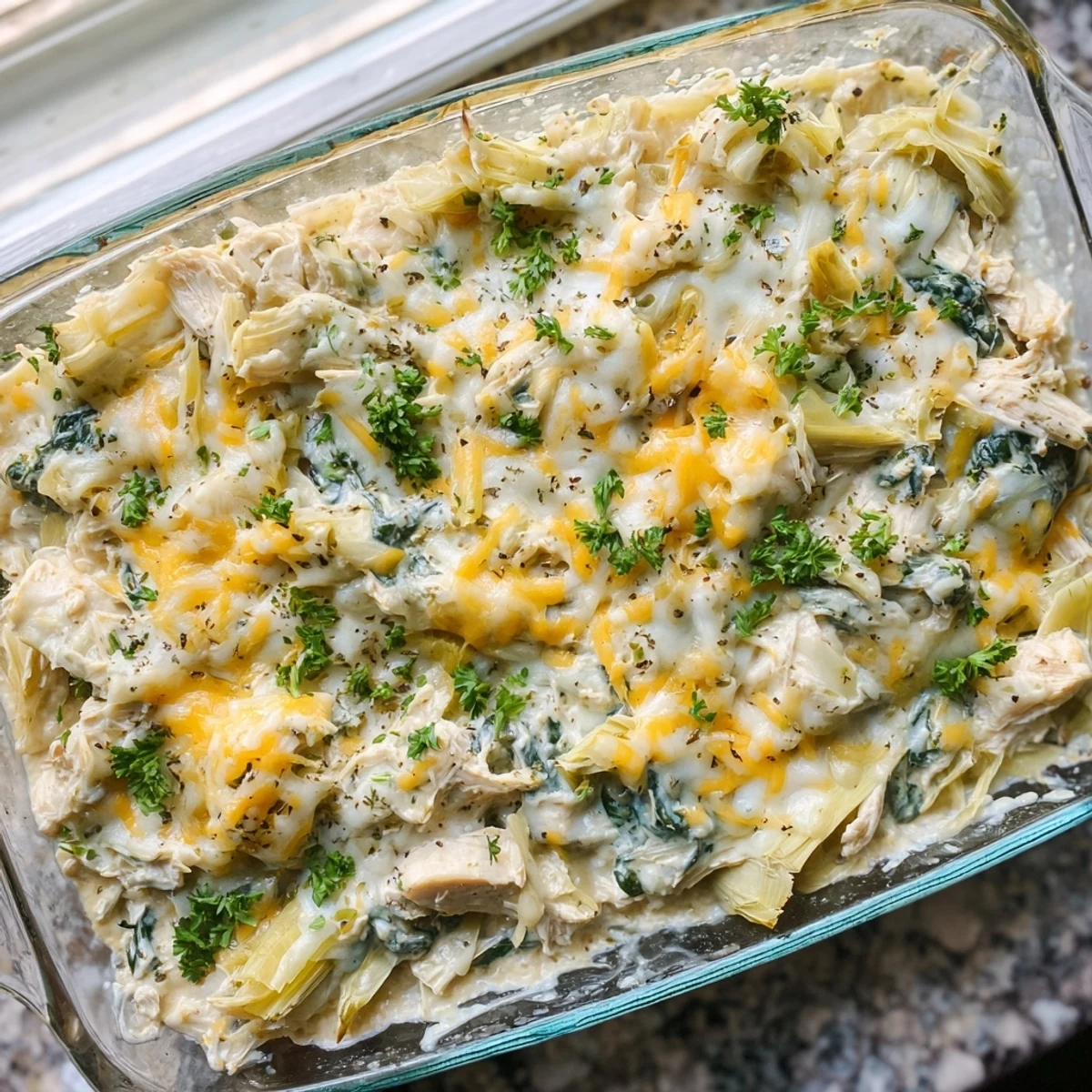 Creamy high protein spinach and artichoke chicken casserole served in a white baking dish